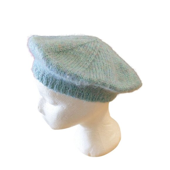 Handmade Womens Fuzzy Beret Hat Light Blue Marled Purple Flecks Winter Warm - Picture 3 of 5